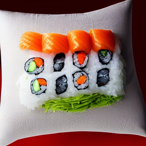 Prompt: a pillow in the shape of sushi, product photography, highly detailed, epic lighting, hyper photorealism, 8 k