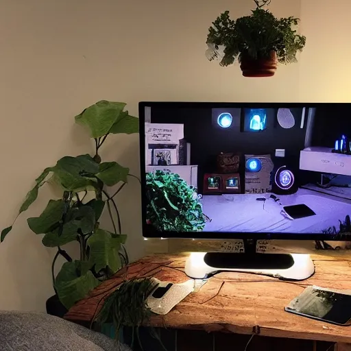 Image similar to a cozy HYGGE gaming station, dim lights, many plants, night