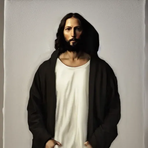 Image similar to a full body portrait of modern day jesus wearing cream yeezy menswear collection by nicola samori, hat and hoodie, detailed, oil painting, hyper realistic, 8 k, yeezy collection