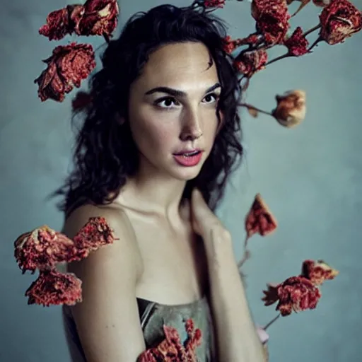 Prompt: full body fine art photo of the beauty gal gadot, she is merging from dried roses, taken by oleg oprisco