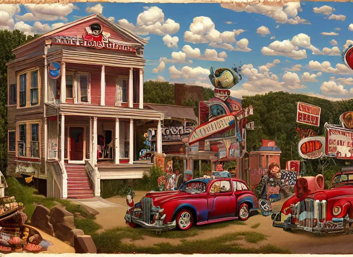 Image similar to all about americana, lowbrow, matte painting, 3 - d highly detailed, in the style of mark ryden,