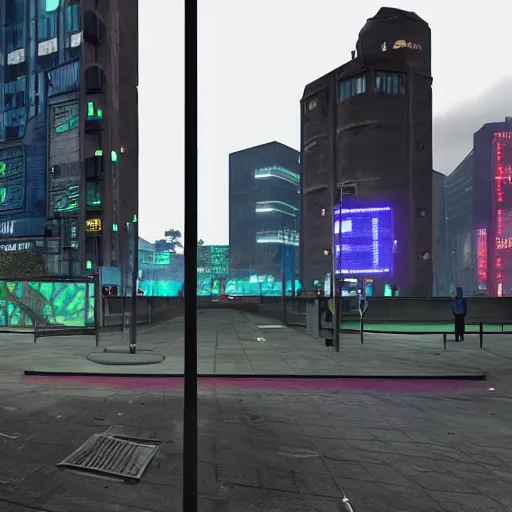 Prompt: four corners in glasgow in a realistic cyberpunk style