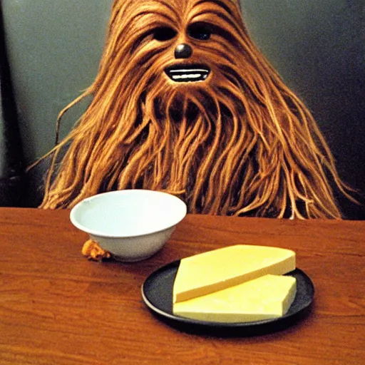 Image similar to dutch chewbacca wearing clogs and eating cheese