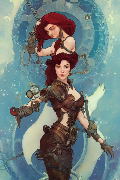 Image similar to ariel little mermaid as a steampunk half - cyborg cowgirl, pelt coats, high fantasy, dnd, smooth, sharp focus, illustration, highly detailed, digital painting, artstation, concept art, by rossdraws, alphonse mucha, frank fanzzeta, collectible card art