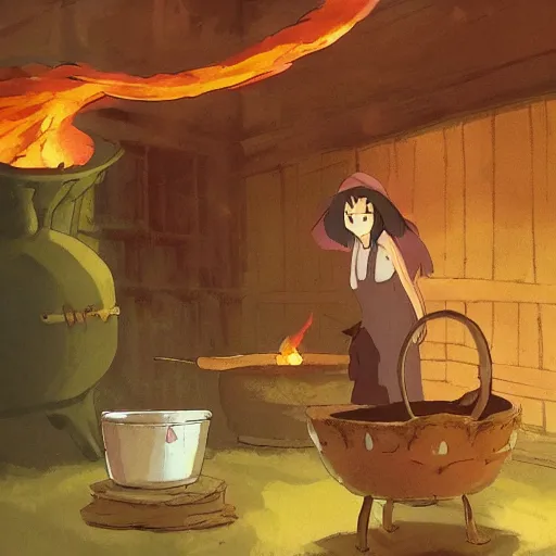 Image similar to a witch adding ingredients to her cauldron, concept art, ambient lighting lit only by the fires glow, studio Ghibli
