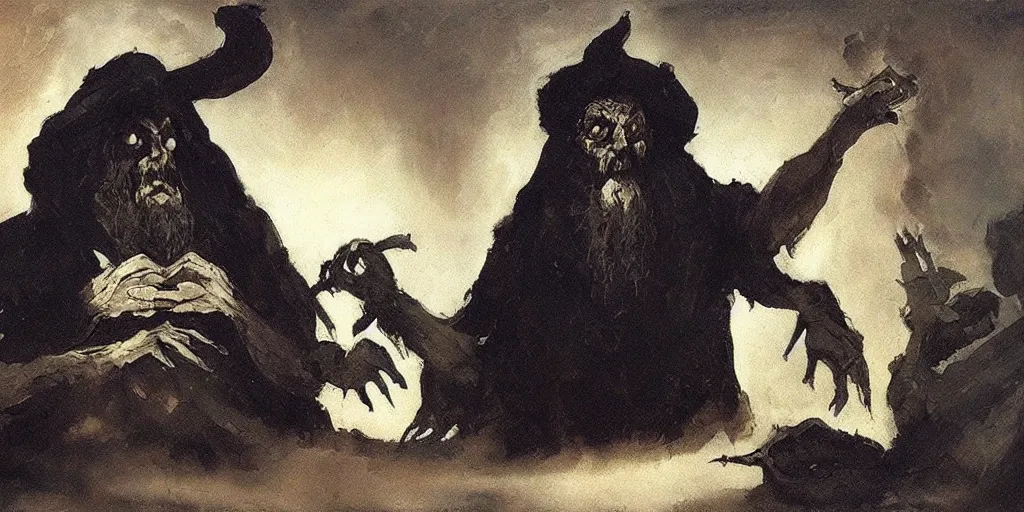 Prompt: “evil rabbi practicing black magic by Goya and Frank Frazetta, gothic, atmospheric, oil painting, masterpiece, artstation”