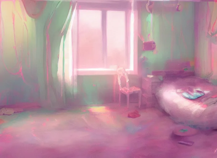 Prompt: placid pastel morning messy bedroom trending on pixiv