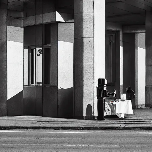 Image similar to a photograph of two alien robots sharing a coffee on an empty street corner, brutalist russian architecture, early morning, dramatic lighting, 4k, trending on artstation