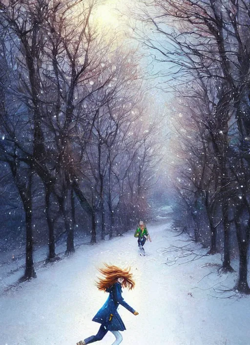 Prompt: a fifteen year old girl with short wavy curly light brown hair and blue eyes wearing colorful winter clothes is running in a snowy field. beautiful painting by artgerm and greg rutkowski