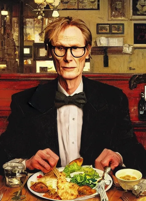 Image similar to full body and head portrait of bill nighy as victor from underworld in a restaurant eating a chop, painted by norman rockwell and tom lovell and frank schoonover