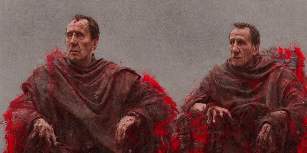 Image similar to the end is near. a tired julius caesar is sitting on his throne. face is highly detailed. splices of red are running down his toga. mist. color scheme red. low angle medium shot. imagined by jeremy lipking