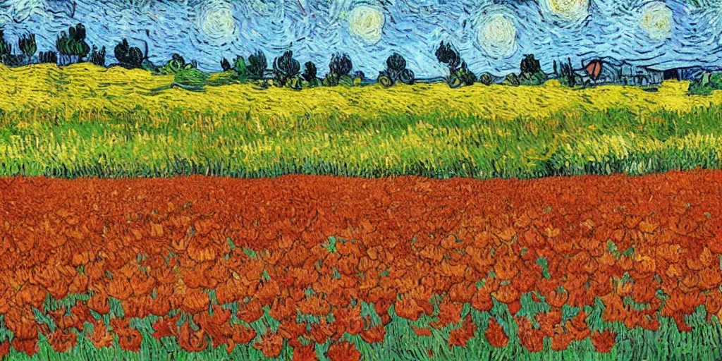 Prompt: on a sunny day, a field full of flowers, in the style of Van Gogh