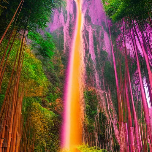 Prompt: sacred chiniese monastry in an pink and yellow bamboo forrest underneath a epic waterfall of light, high definition, detailed, fotorelastic,Zhang Jianbang, trending on artstation,