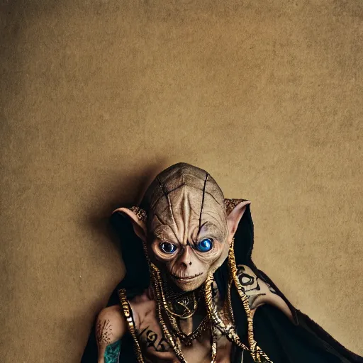 Image similar to gollum couching in a dungeon proudly wearing lots of gold and jewelry and bling, hip hop style, tattoos, lotr, imax, foggy atmosphere, bokeh, professional studio shot, stylized photo, single image