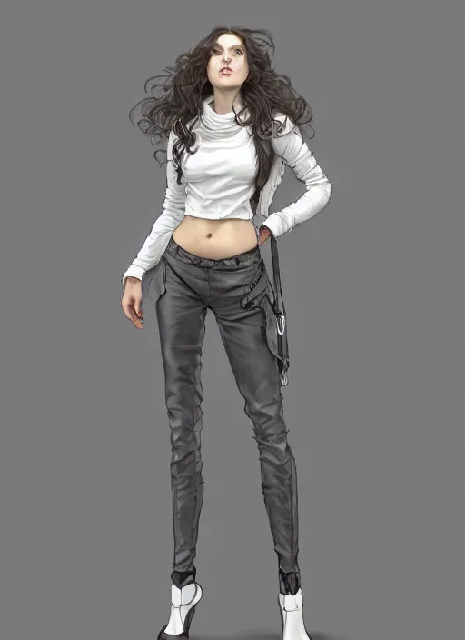 Image similar to girl in very short white! top and very short gray! leather jacket, open belly, long dark curly hair, high waist sweatpants, intricate, elegant, highly detailed, digital painting, artstation, concept art, smooth, illustration, art by artgerm and greg rutkowski and alphonse mucha