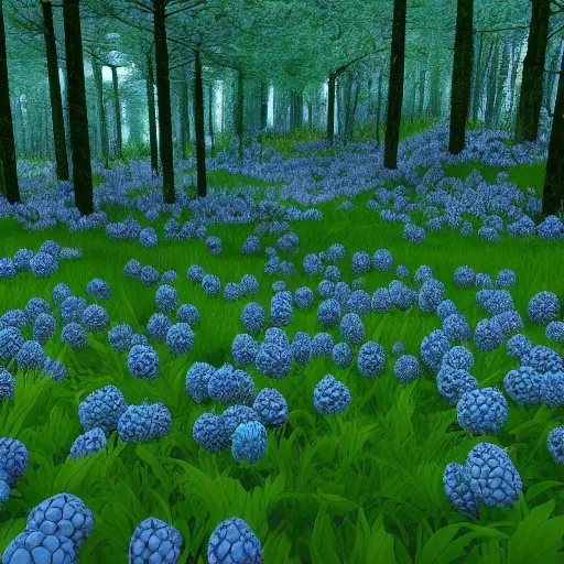 Image similar to artistic knee height render of blueberry bushes in a forest. Digital art. 4K. Unreal engine. Trending on artstation. Highly detailed.