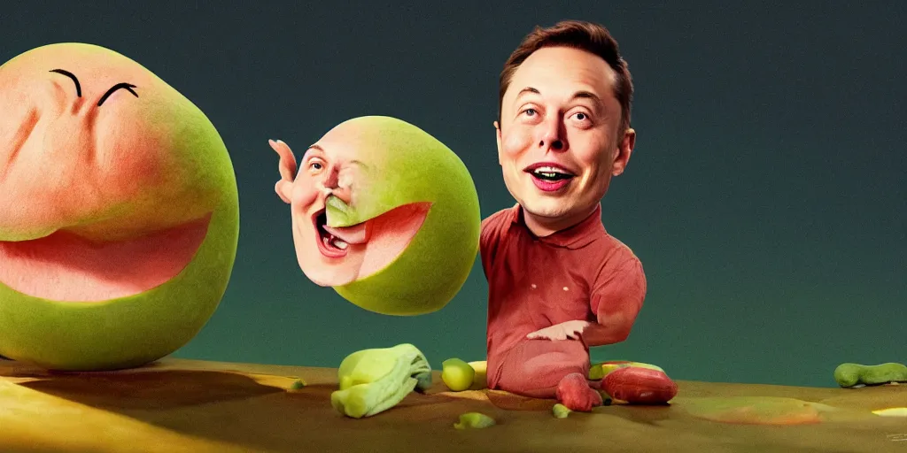 Image similar to elon musk as a melon, hyperrealistic, claymation, volumetric lighting, 3 5 mm film still, concept art