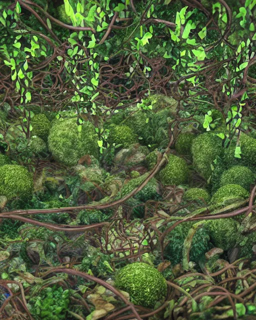 Prompt: art work of terrarium, vines wrap around the terrarium, unreal engine 5, blender, depth of field, ultra realistic, cinematic, macro, artstation, megascan, intricate, epic, Quixel, weta digital, focus, octane render, v-ray, digital art, highly detailed illustration, golden ratio, prism undertones, rule of thirds