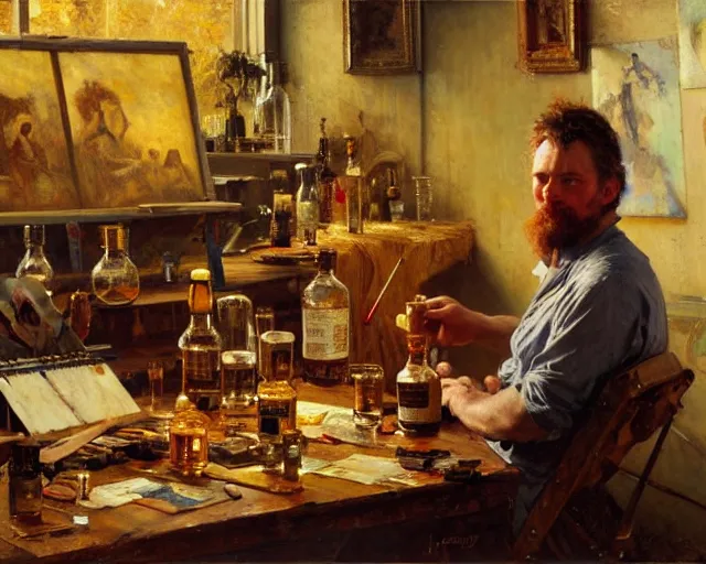 Image similar to an exhausted painter in his studio with a bottle of whisky. highly detailed painting by gaston bussiere, craig mullins, j. c. leyendecker 8 k