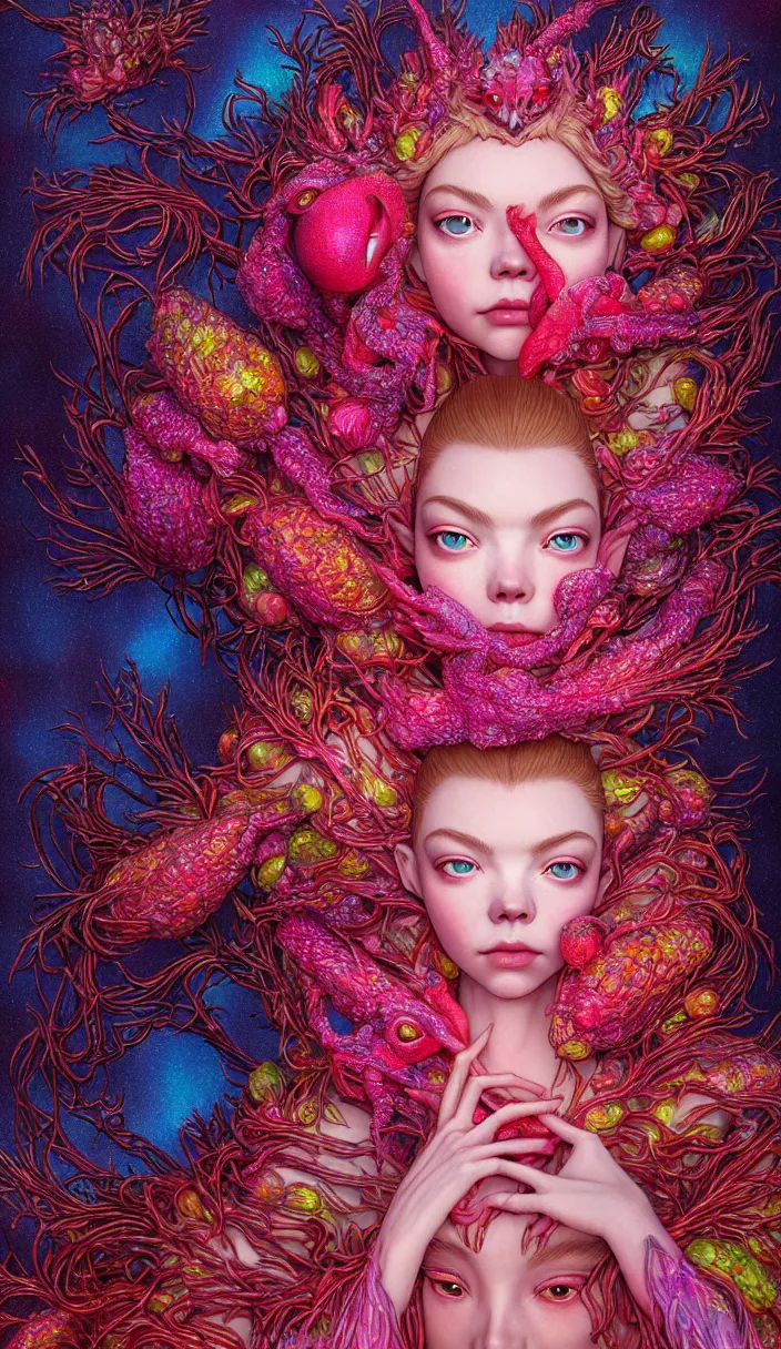 Image similar to hyper detailed 3d render like a Oil painting - kawaii portrait Aurora (a beautiful skeksis queen from dark crystal that looks like Anya Taylor-Joy) seen red carpet photoshoot in UVIVF posing in scaly dress to Eat of the Strangling network of yellowcake aerochrome and milky Fruit and His delicate Hands hold of gossamer polyp blossoms bring iridescent fungal flowers whose spores black the foolish stars by Jacek Yerka, Ilya Kuvshinov, Mariusz Lewandowski, Houdini algorithmic generative render, Abstract brush strokes, Masterpiece, Edward Hopper and James Gilleard, Zdzislaw Beksinski, Mark Ryden, Wolfgang Lettl, hints of Yayoi Kasuma, octane render, 8k