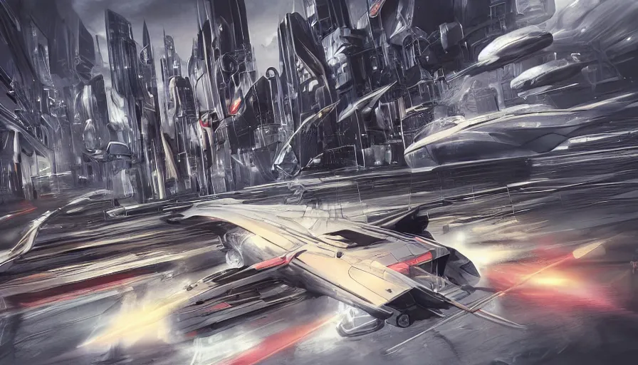 Image similar to Oldtimer Car with Jet Engines for wheels flying through a futuristic city, action shot, concept art, highly detailed