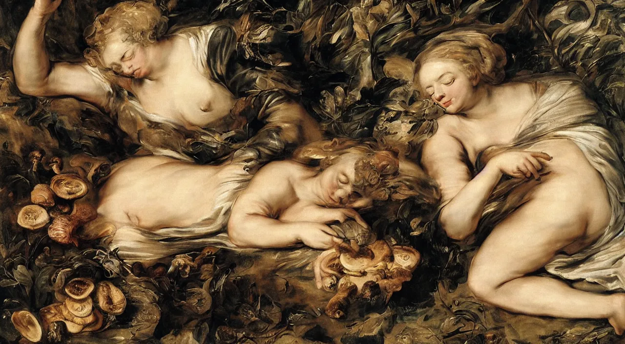 Image similar to pretty sleeping woman with mushrooms as camouflage, by rubens