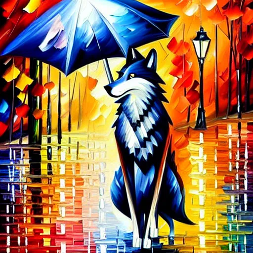 Prompt: wolf with hat and umbrella in the rain, by leonid afremov