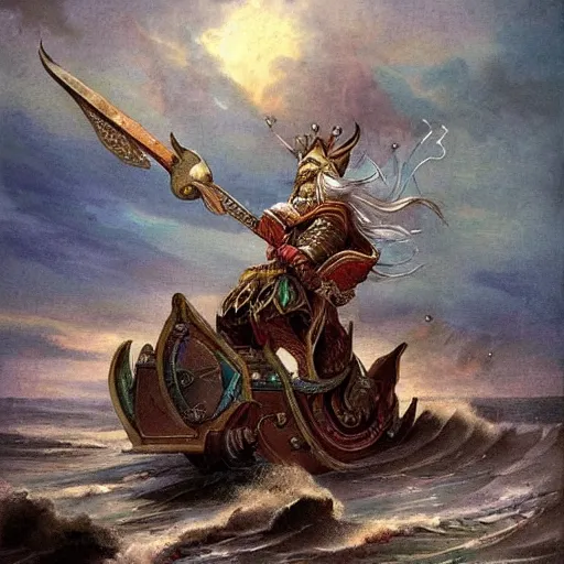 Image similar to the sword dragnipur, which contains a wagon fleeing from the sea of chaos, fantasy art