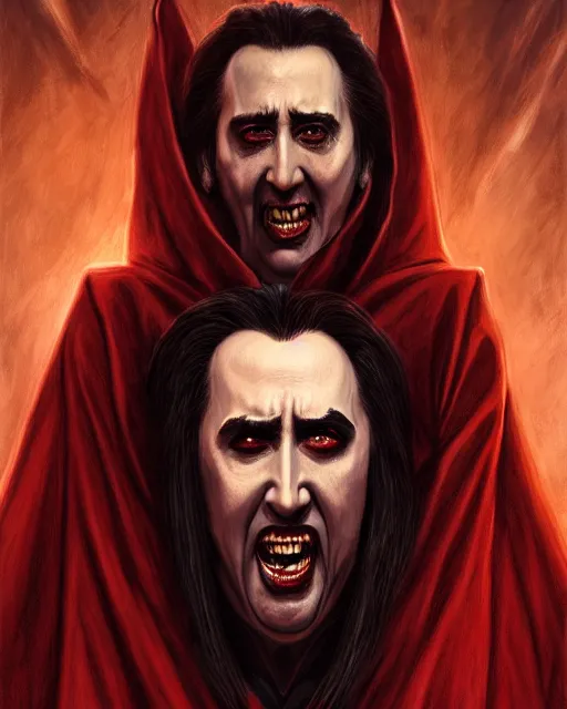 Prompt: nicolas cage as dracula, demonic, highly detailed, centered, artstation, concept art, smooth, sharp focus, illustration, bokeh art by artgerm and donato giancola and joseph christian leyendecker