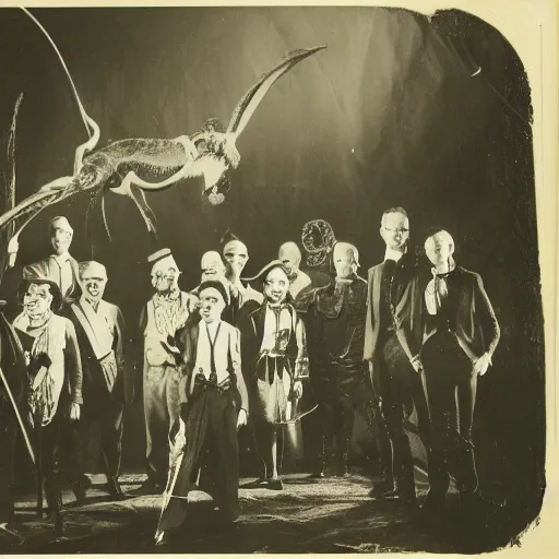 Image similar to historic photo, epic image of a Lovecraft circus with otherworldly beasts