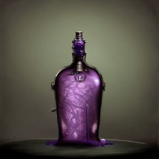 Prompt: a painting of a steampunk violet potion bottle in a dark dusty vintage science lab, by h. r. giger, hyperrealistic fantasy art, concept matte, ethereal, dreamy, digital art, trending on artstation, volumetric cinematic lighting