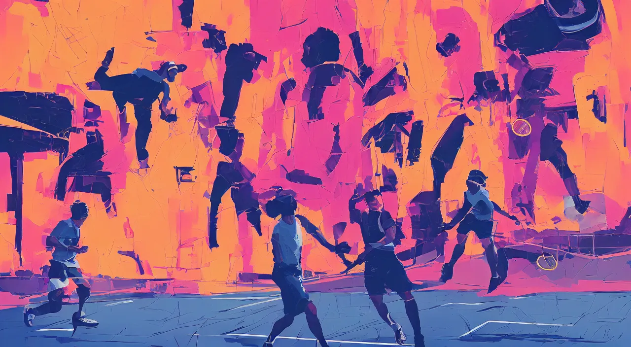 Image similar to a graph style gauche impasto, tennis players, cyberpunk art by james gilleard, cgsociety, retrofuturism, synthwave, retrowave, outrun, hyper realistic.