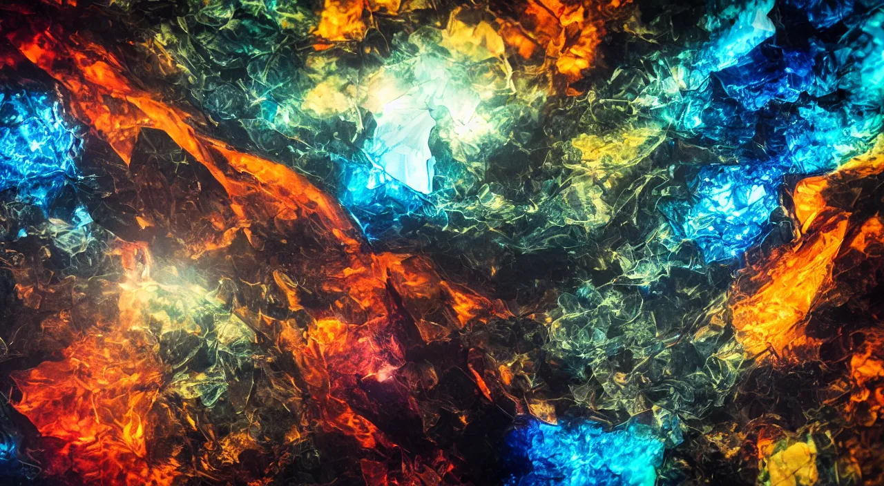 Prompt: Large translucent obsidian shard containing colorful energetic storms sits on a satin cloth on the wooden table, lit by godlight, photorealistic, cinematic, depth of field, award winning, high resolution, intricate details.