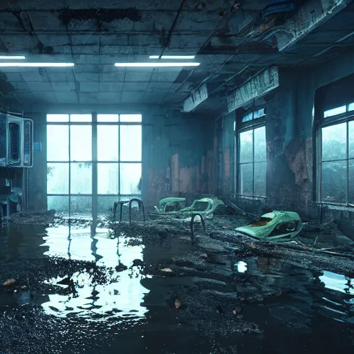 Prompt: flooded, desecrated, abandoned, no windows, cyberpunk science lab, ultra realistic, concept art, intricate details, eerie, highly detailed, photorealistic, octane render, 8 k, unreal engine, art by ben evrard