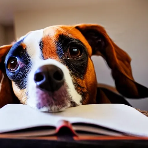 Prompt: photo of a dog eating homework