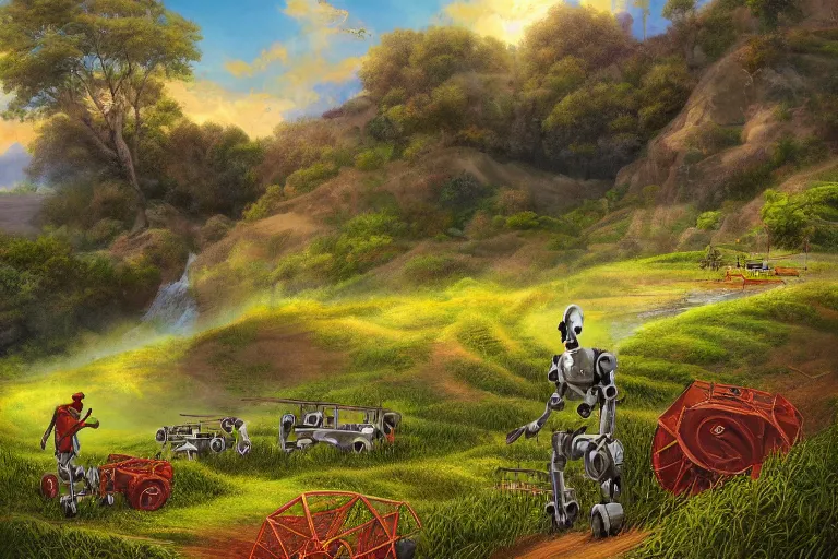 Image similar to digital masterpiece artwork of robots farming on a hillside overlooking a creek, by peter alexander