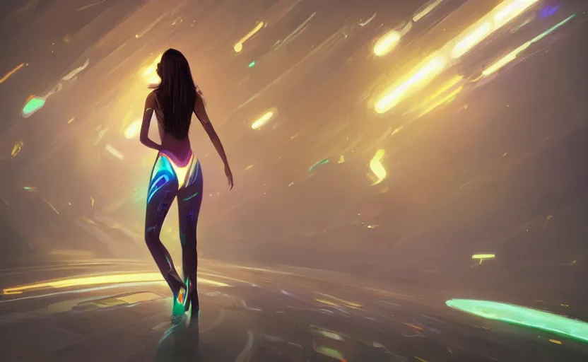 Prompt: beautiful young Himalayan woman, walking empty narrow hall of a spaceship, lonely, iridescent body suit with glowing stripes, by Makoto Shinkai and Wojtek Fus, by studio trigger, rossdraws, ambient occlusion, clean lineart and color, vibrant