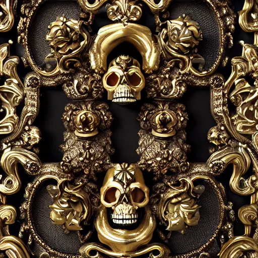 Prompt: a beautiful, ornate and intricate rococo skull with silver and gold details, inside a black rococo frame, 4k, octane render, vray, unreal engine, photorealistic