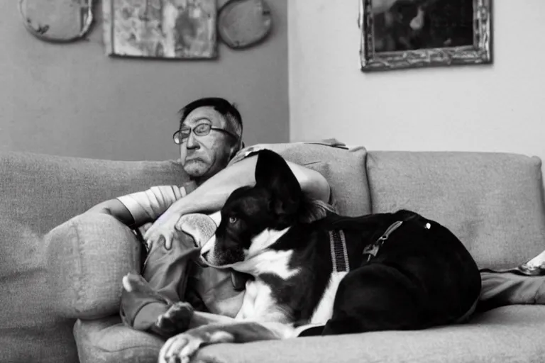 Image similar to A man leaning back on a sofa with his dog in his lap, Shinji Aramaki