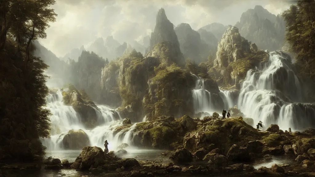 Image similar to a kingdom near the great alpine waterfall. andreas achenbach, artgerm, mikko lagerstedt, zack snyder, tokujin yoshioka