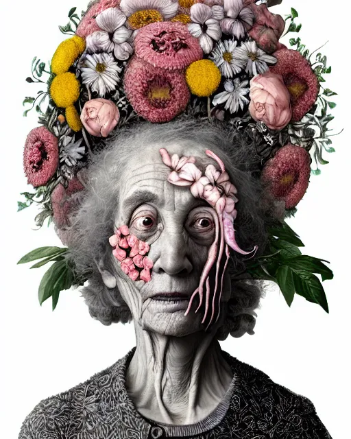 Prompt: a portrait of a surprised, fleshy old woman covered in flowers in the style of guiseppe arcimboldo and james jean, covered in wispy gray hair with a hint of neon, hd 3 d, highly detailed and intricate. centred in image.