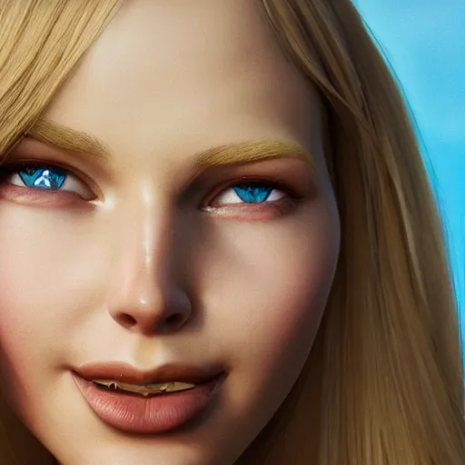 Image similar to close up of beautiful scandinavian female smiling holding xbox one s to face, stunning eyes, long blonde hair, disney pixar weta, hi - fructose, decadent highly - detailed digital painting, golden ratio, octane render, artstation, cinematic composition, smooth, sharp focus