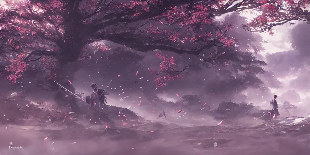 Prompt: an environmental concept art of ghost of tsushima, samurai duel, sakura petals blowing in the wind, highly detailed, directional light, cinematic by francis tneh