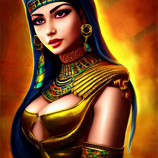 Prompt: portait egyptian princess lalla cleopatra, centred, very long hair, charmed sexy look, hd, unreal engine, art painting, final fantasy style, amazing background theme