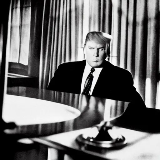 Image similar to a film still from a 1 9 4 0's film noir movie with donald trump sitting at a metal table in an dark interrogation room with a hanging light shining on him illuminating his face