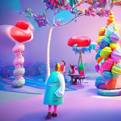 Image similar to ice cream world, candy tree, human pets, 3 d render, illustrated, incredible details, highly detailed, colorful, photorealistic, disney pixar, octane render, iridescent, anime, 8 k