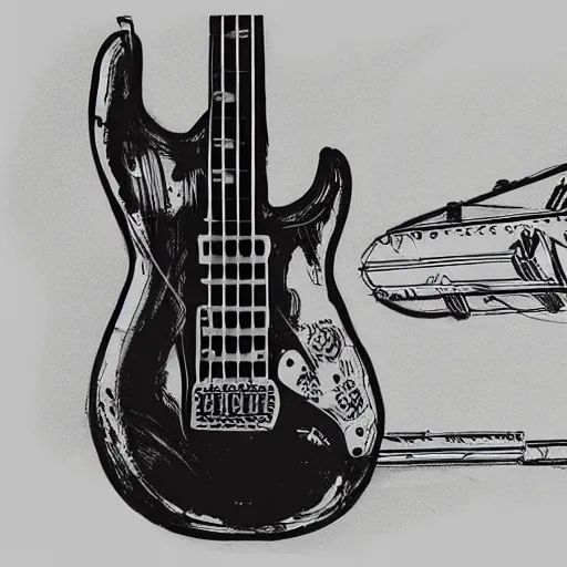 Image similar to sketch of a prototype concept design electric guitar, blade runner style,