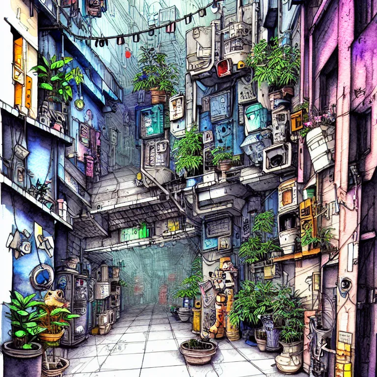Prompt: an absurdly-detailed cyberpunk alleyway watercolor-calligraphy-pen drawing. Cats and Robots and Potted-Plants.