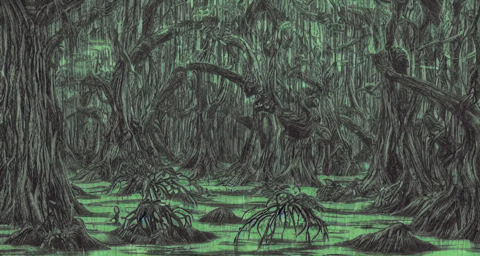 Image similar to A dense and dark enchanted forest with a swamp, by Yoshihiro Togashi