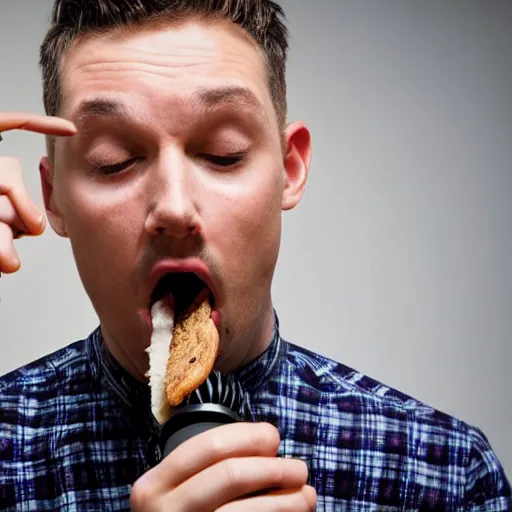 Prompt: a medium shot studio photograph of a man 35 years old eating a sandwich of microphone